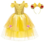 Princess Belle Dress up Costume for Girls Yellow Dresses Halloween Cosplay Birthday Outfit